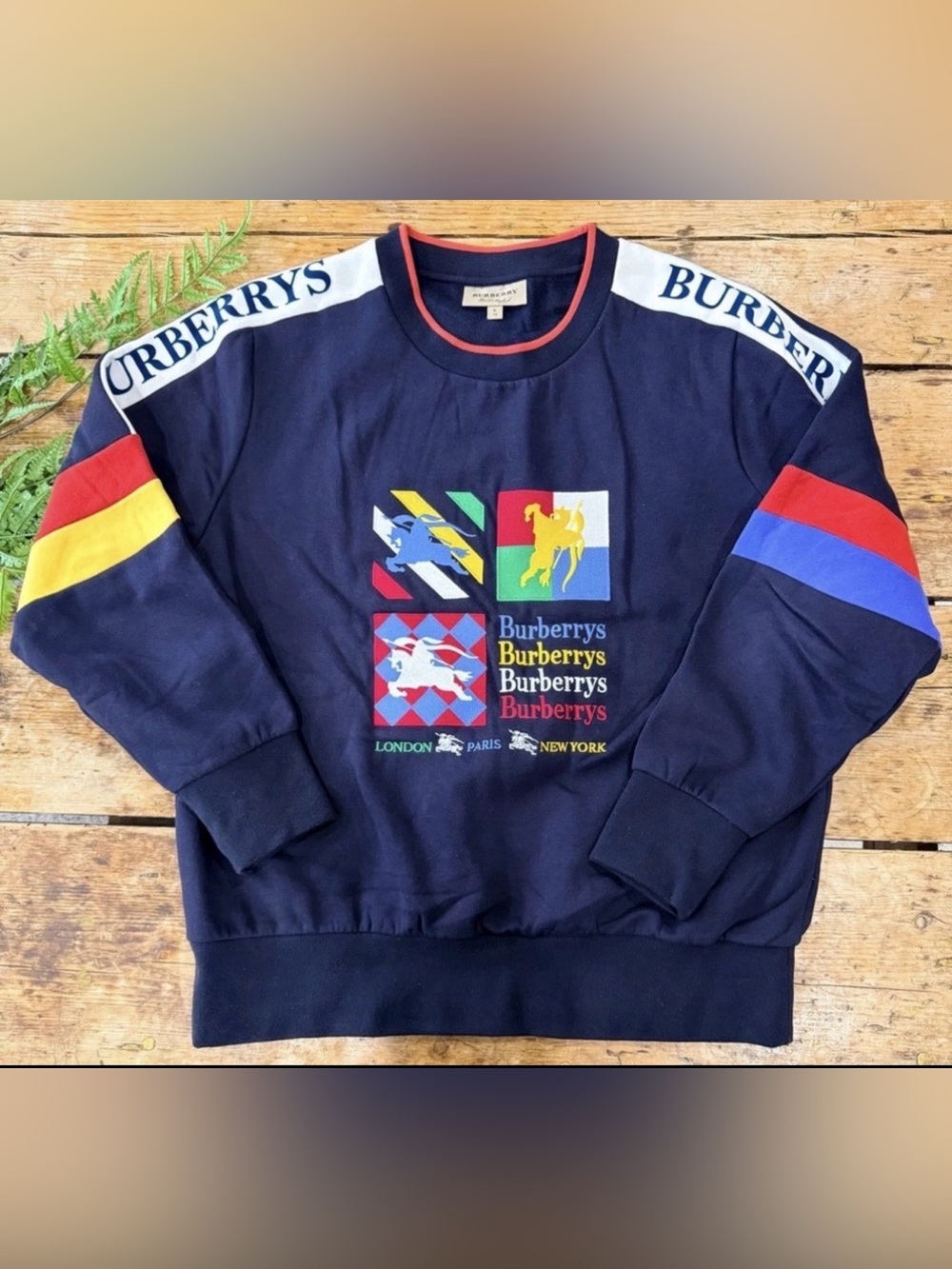 Burberry Navy Crewneck Sweatshirt with Multicolor Logo Panels
